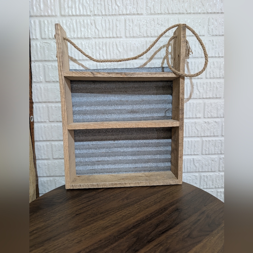 Up cycled Handmade Rustic Wooden Shelved Wall Decor with Metal Backing - Natural